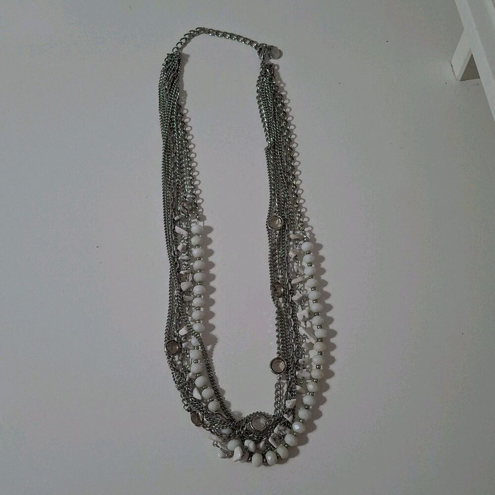 Multi-Strand Layered Silver Tone Chain White Round Clear Beaded Necklace